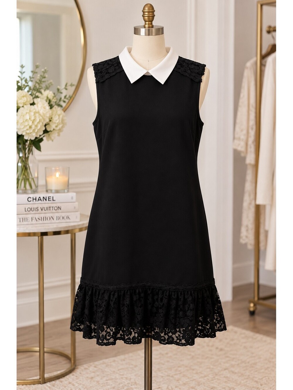Karl Lagerfeld Black & White Lace Trim Dress